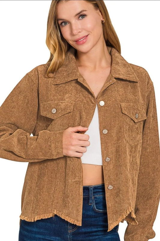 Zenana Distressed Corduroy Frayed Hem Cropped Jacket - Velora