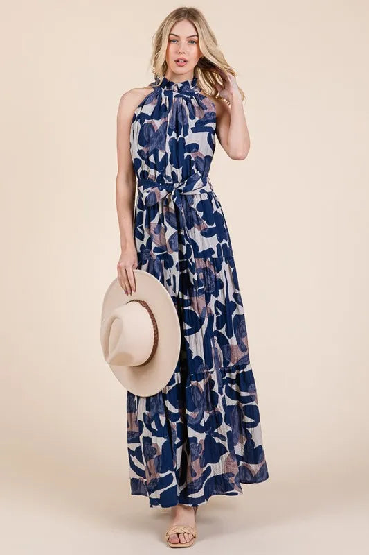 Lime 'N' Chili Abstract Halter Neck Tie-Waist Tiered Maxi Dress - Velora