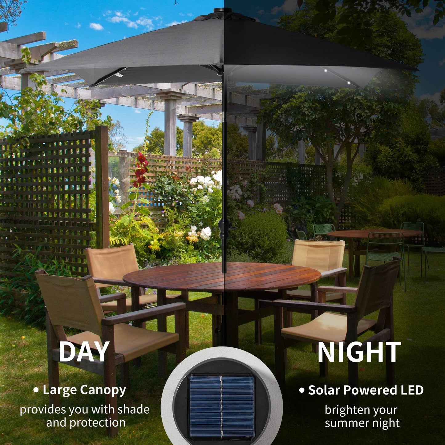 9 X 7 Ft Patio Umbrella Outdoor Table Market With Crank Solar LED Lights Tilt Button For Deck Dark Gray - Velora