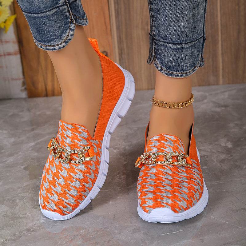 Casual Houndstooth Print Chain Mesh Shoes Summer Walking Sports Flat Shoes Women Breathable Loafers - Velora