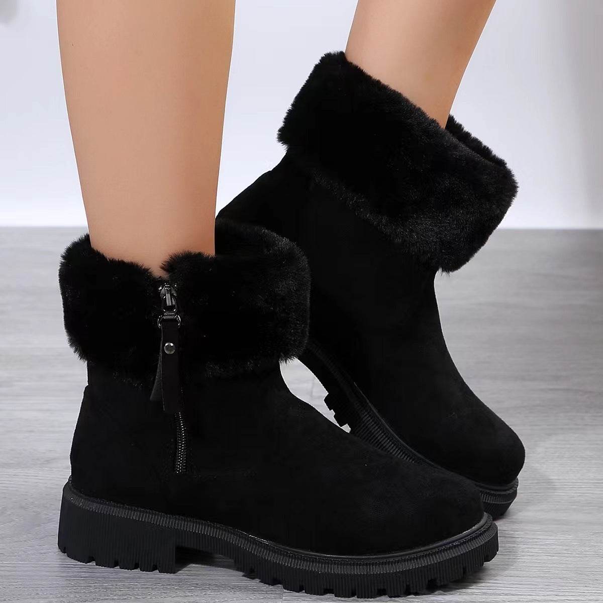 Warm Plush Boots Winter Fashion Side-Zipper Snow Boot For Women Outdoor Thickened Low-heelded Shoes - Velora