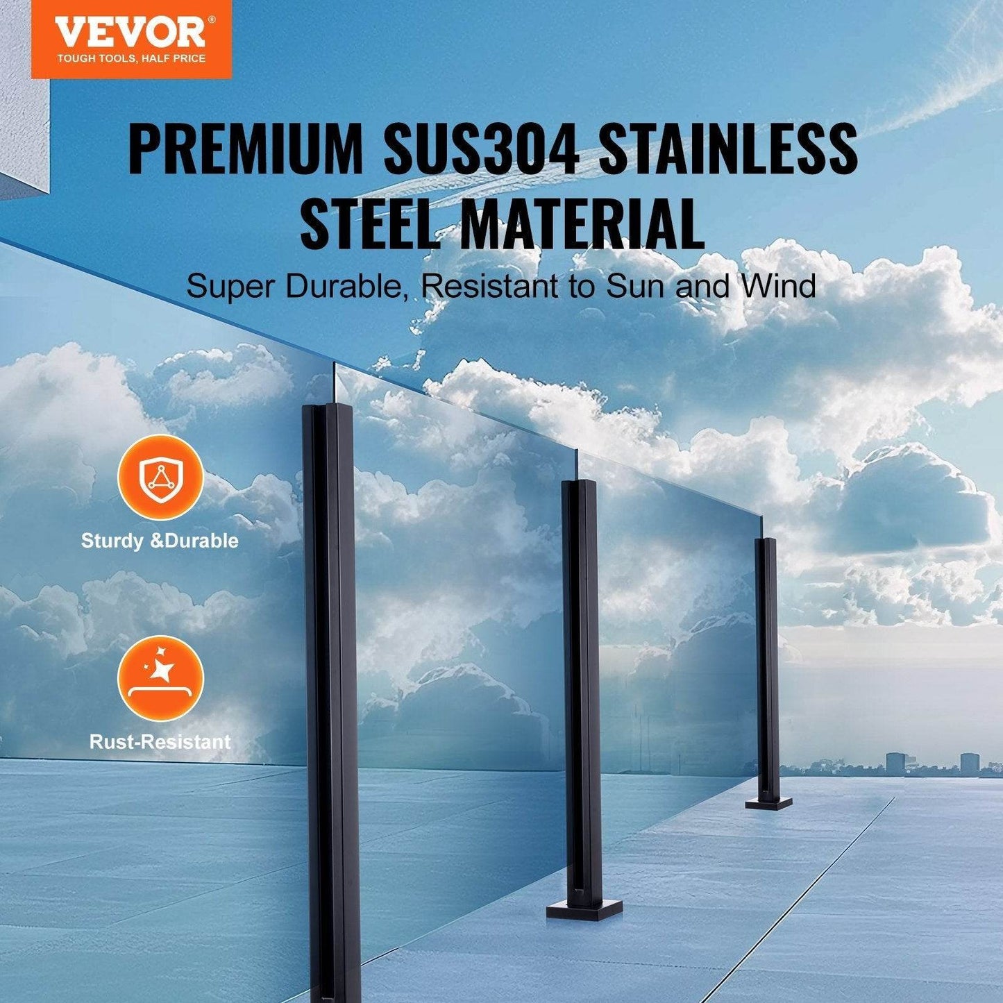 Thickness Tempered Glass, 304 Stainless Steel Glass Mounting Clamp, Glass Shelf Bracket For Balcony, Garden, Deck, Stair, Black - Velora