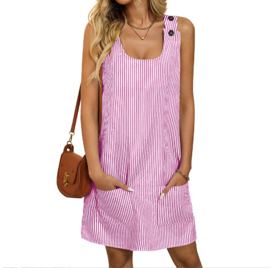 Summer Fashion Striped Patchwork Commuting U-Neck Sleeveless Pockets Back Button Casual Straight Slimming Mini Dress For Women - Velora