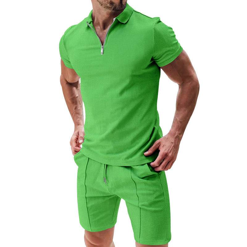2Pcs Casual Waffle Suit Summer Zipper Lapel Short-sleeved Top And Drawstring Pockets Shorts Versatile Solid Color T-shirt Set For Mens Clothing - Velora