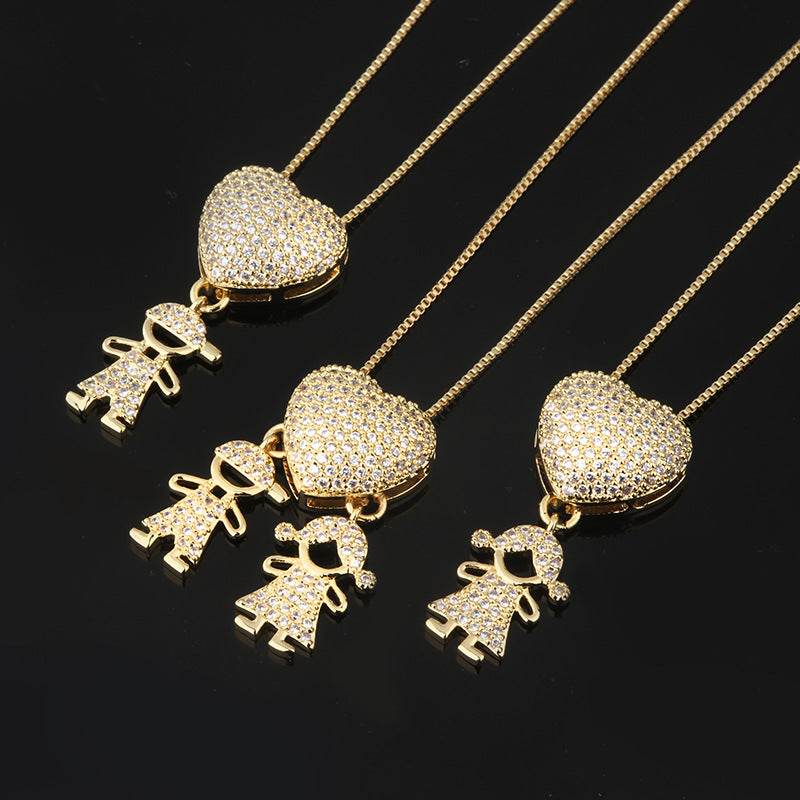 Fashion Jewelry Son Daughter Heart Gold Color Cubic Zirconia Family Girl Boy Pendant Necklace Chain Jewelry For Mother Gift - Velora