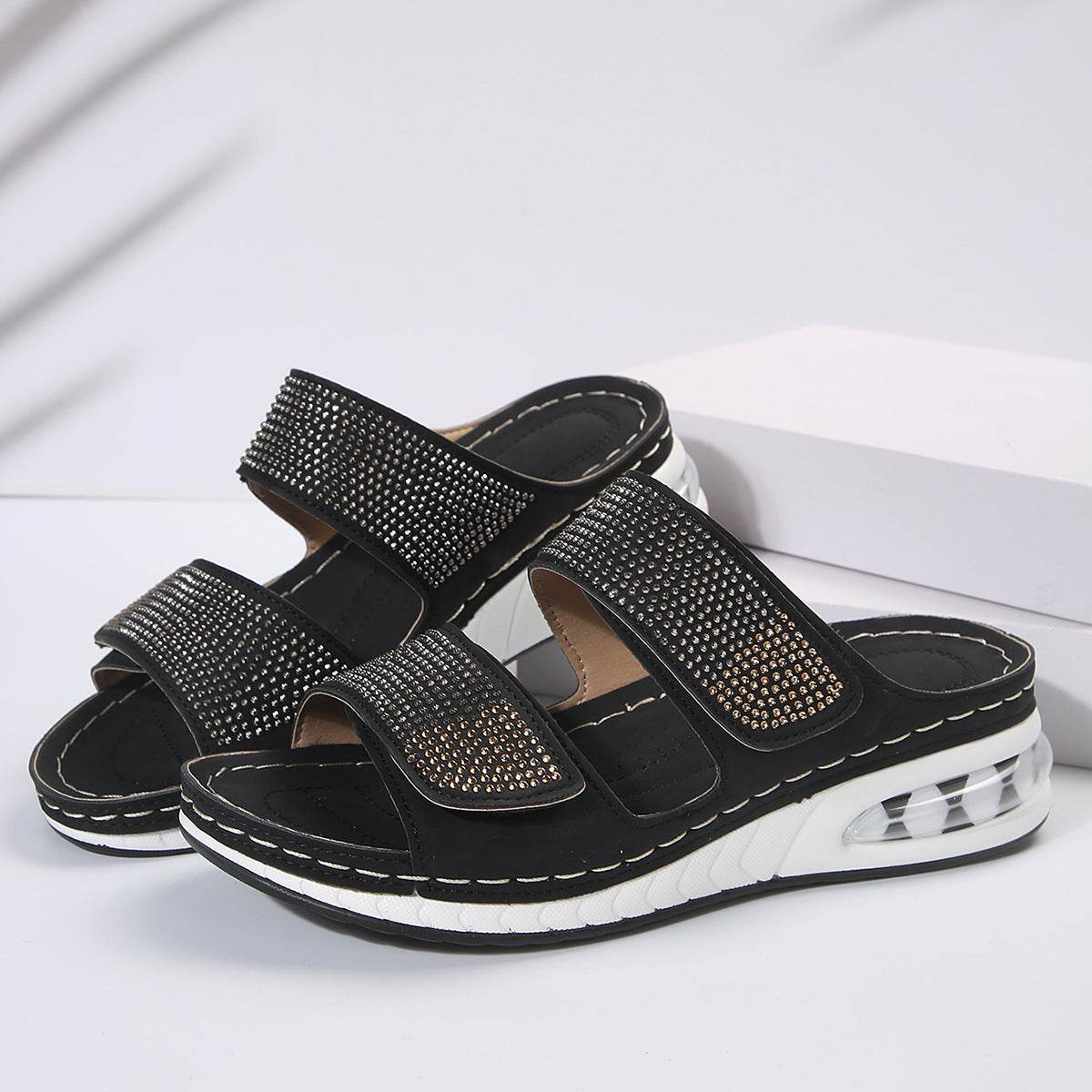 New Air Cushion Wedges Sandals Summer Casual Rhinestone Slides Roman Sandals For Women Non-slip Beach Shoes - Velora