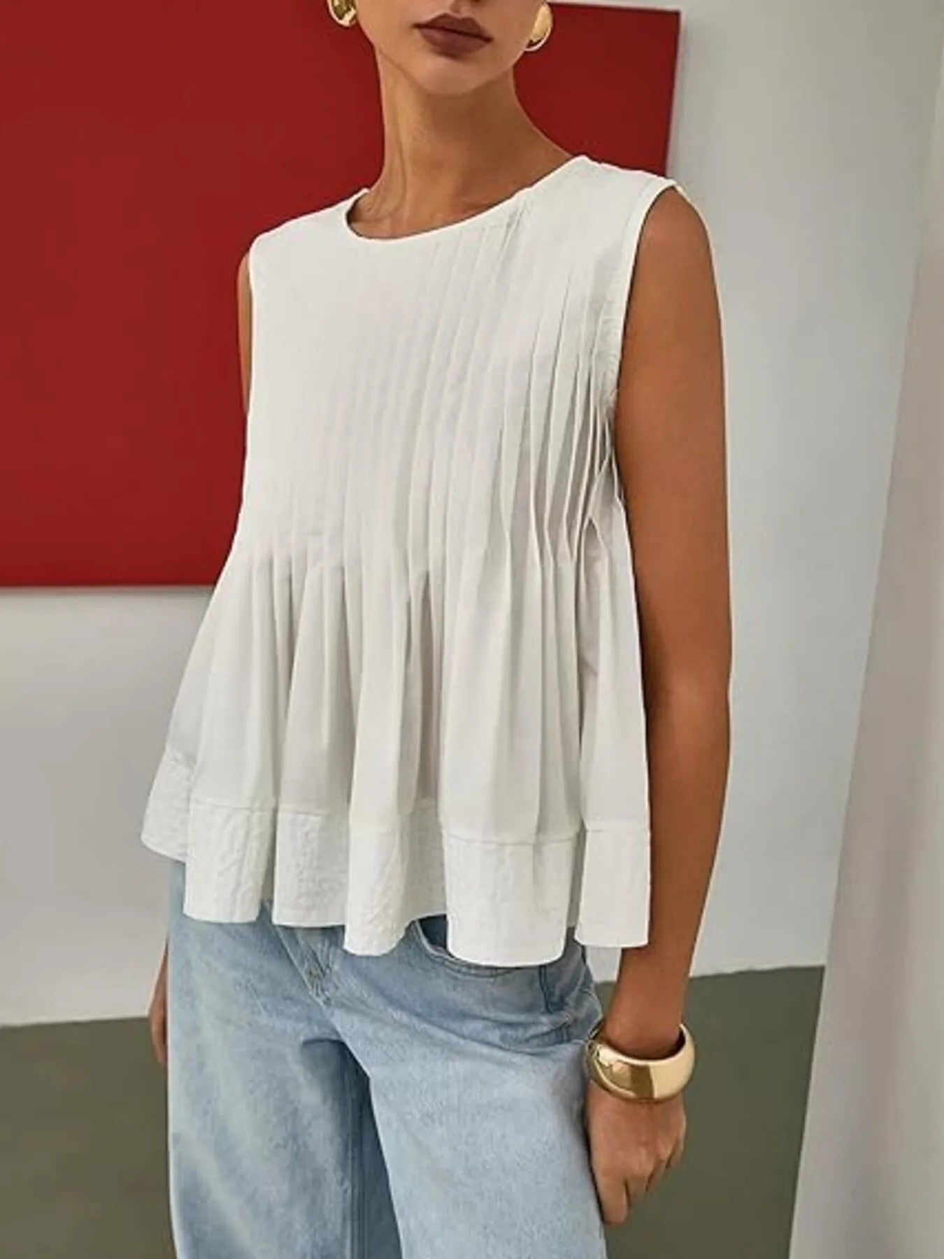 Pleated Peplum Round Neck Sleeveless Top - Velora