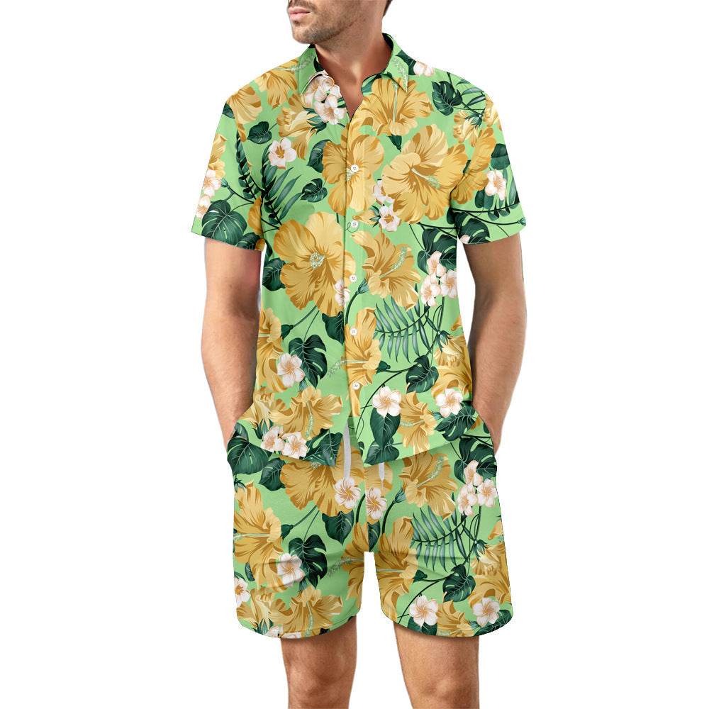 2Pcs Printed Beach Shirt Summer Suit Loose Lapel Button Top And Drawstring Pockets Shorts Casual Short Sleeve Suits For Men Clothing - Velora