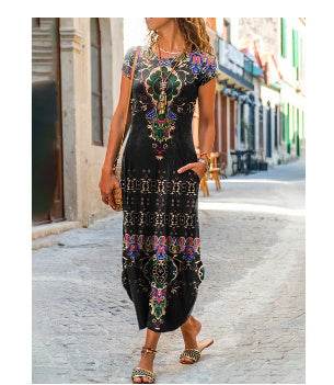 Round Neck Pocket Short Sleeve Trendy Printed Dress - Velora