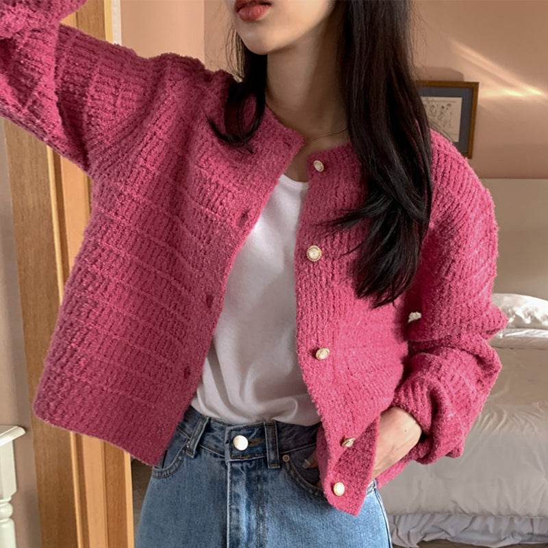 Round Neck Texture Woven Design Loose Long Sleeve Short Knitted Sweater - Velora