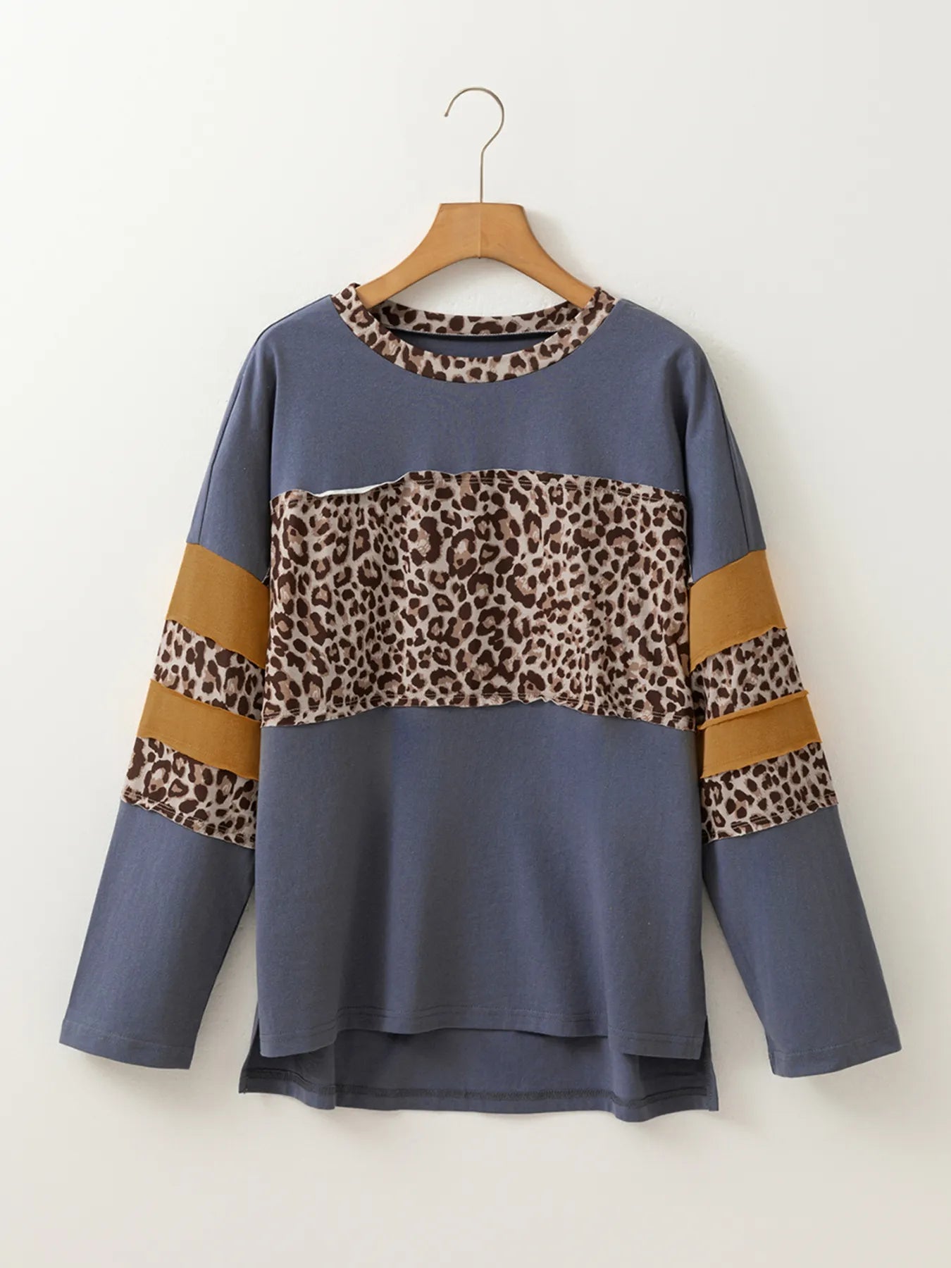 Leopard Color Block Long Sleeve Drop Shoulder Top - Velora