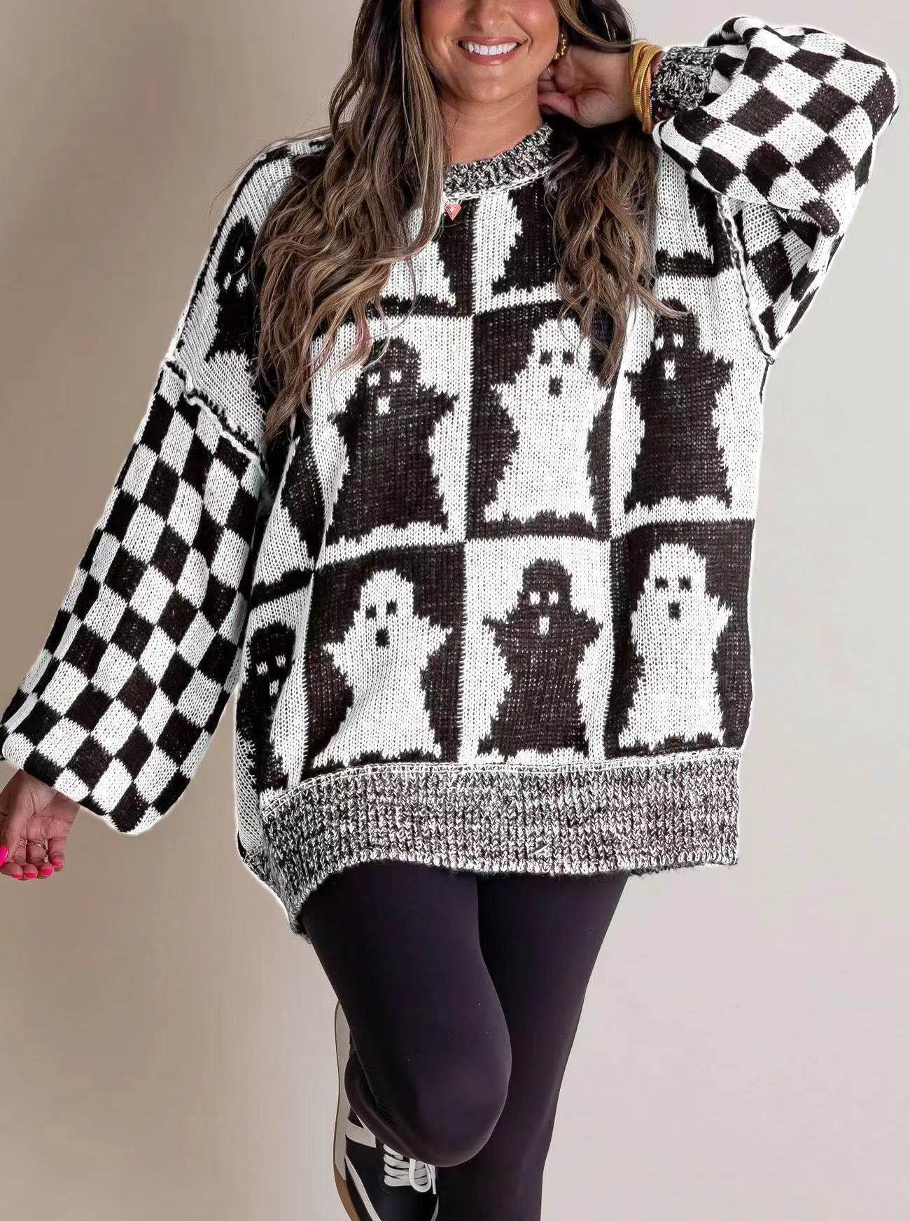 Halloween Cartoon Pumpkin Ghost Sweater Winter Loose Pullover Knitted Top Fashion Women's Clothing - Velora
