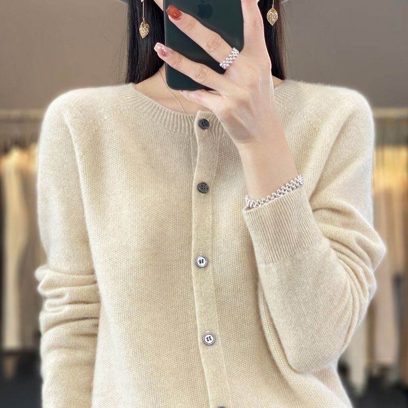 Fashion Merino Wool Cardigan Sweater Women O-Neck Long-sleeve Cashmere Knitwear Spring Autumn Female Clothing Tops - Velora