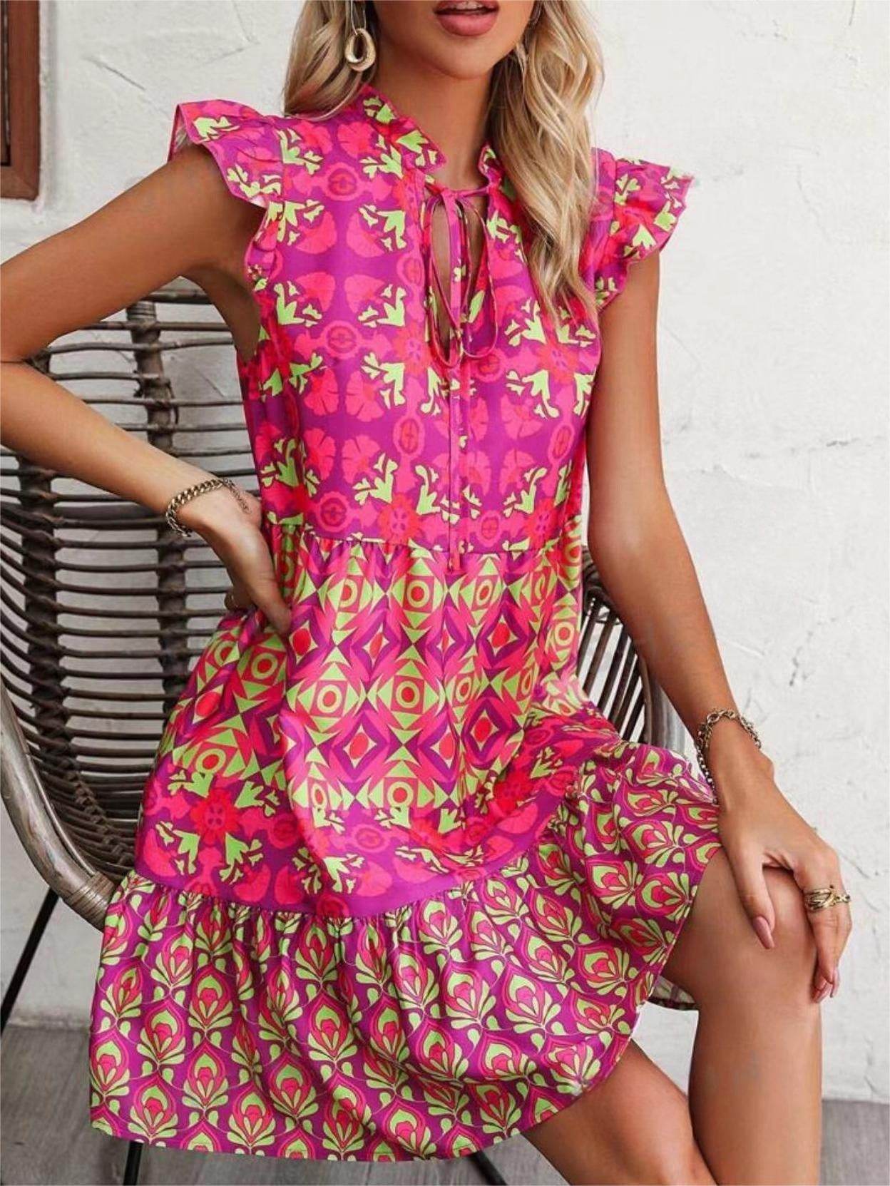 Printed Sleeveless Dress Summer Fashion V-Neck Lace-up Straight Dresses For Womens Clothing - Velora