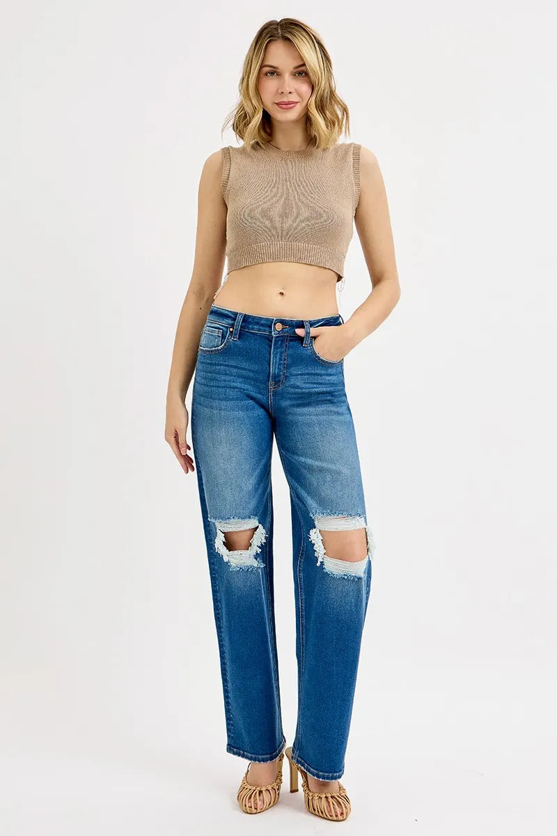 RISEN Full Size Mid Waist Fit Boyfriend Knee Distressed Jeans Plus Size - Velora