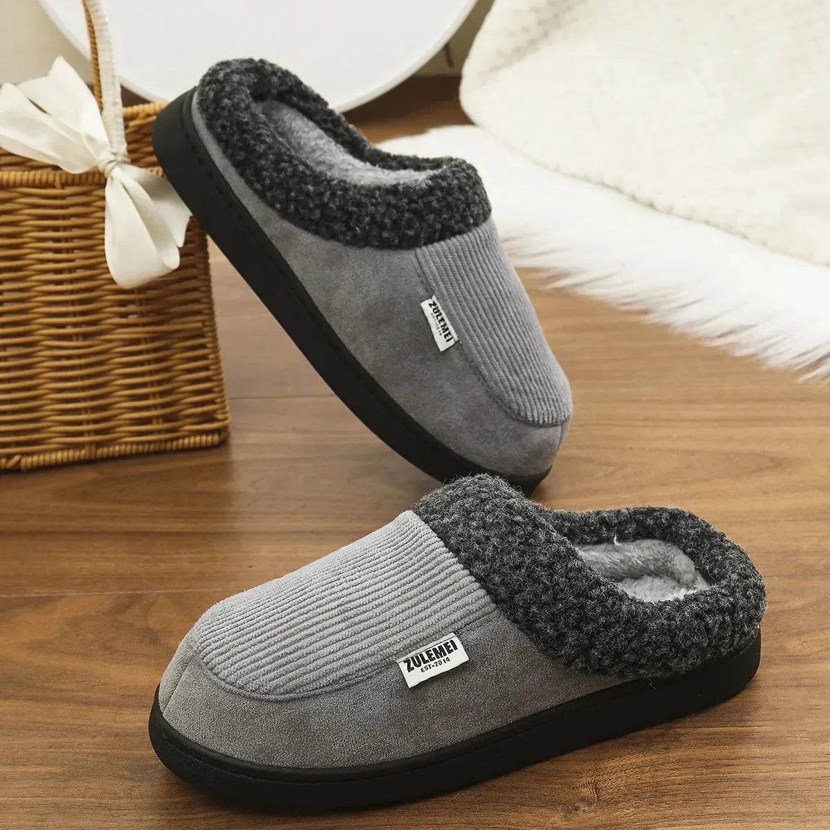 Fashion Solid Striped Cotton Slippers Winter Warm Indoor Bedroom Floor Slipper For Couples Non-slip Thick Sole House Shoes - Velora