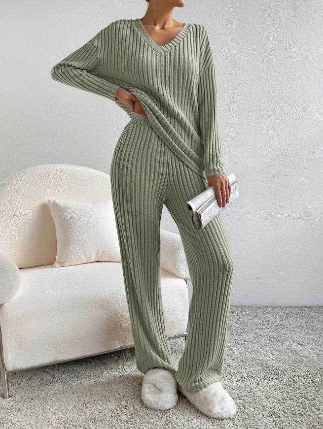 Fashion Solid Striped Suit V-neck Long-sleeved Top And Casual Straight Pants Loose Temperament Women's Clothing - Velora