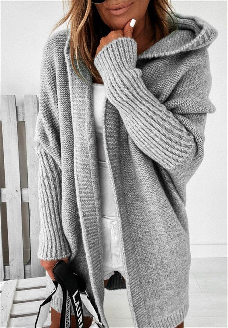 Fashion Bat Sleeve Hooded Cardigan Oversized Loose Temperament Solid Color Sweater Womens Clothing - Velora