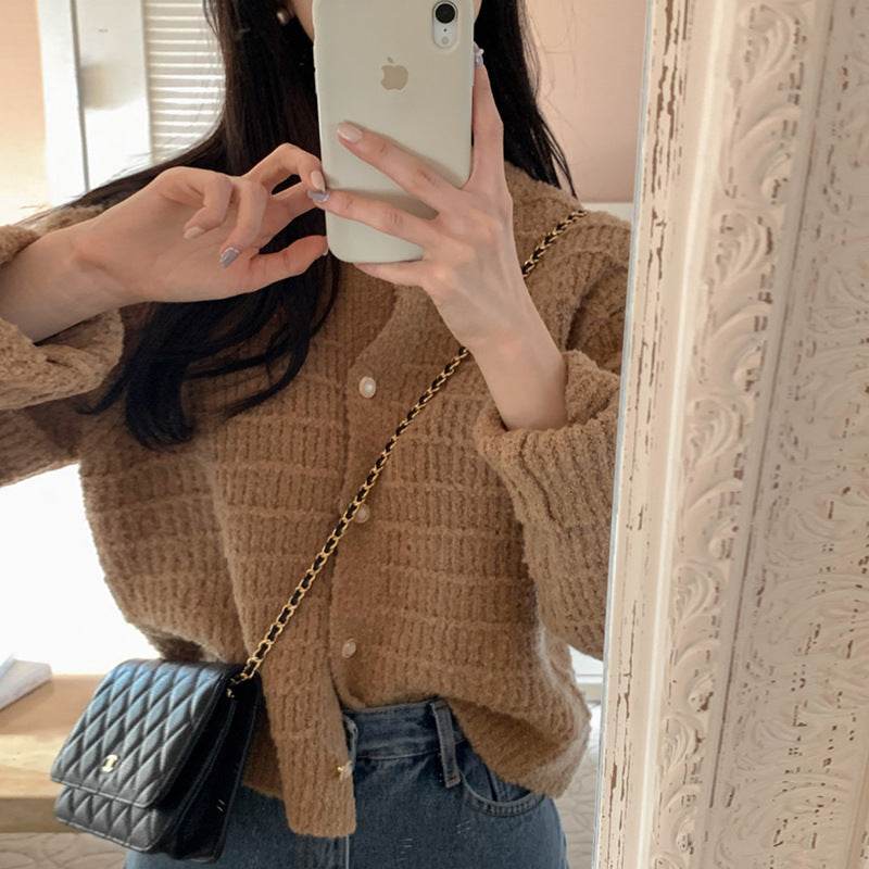 Round Neck Texture Woven Design Loose Long Sleeve Short Knitted Sweater - Velora