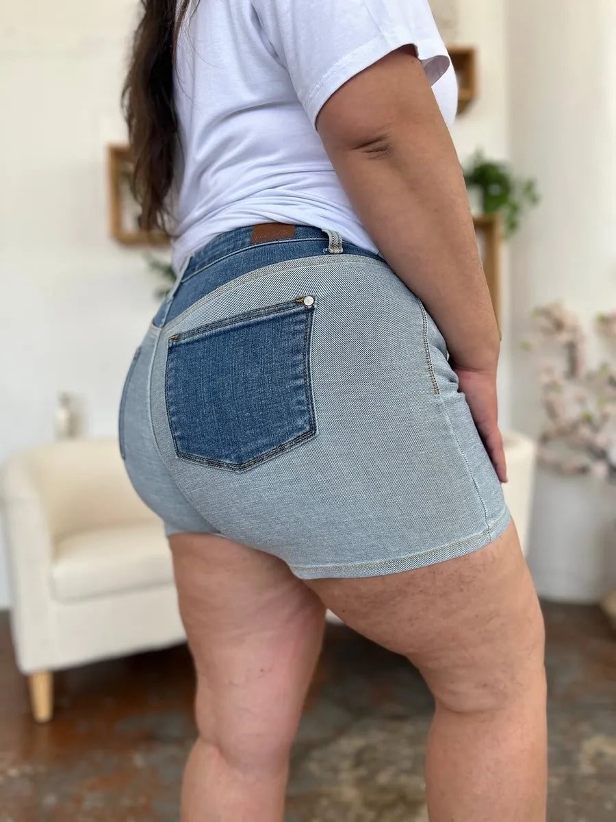 Judy Blue Full Size Color Block Denim Shorts - Velora