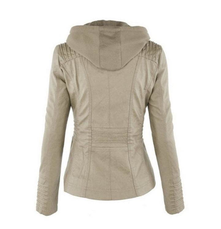 Fashion Detachable Hooded Jacket With Pockets Casual Solid Color Zipper Long Sleeve Leather Coat Autumn Winter Women's Clothing - Velora