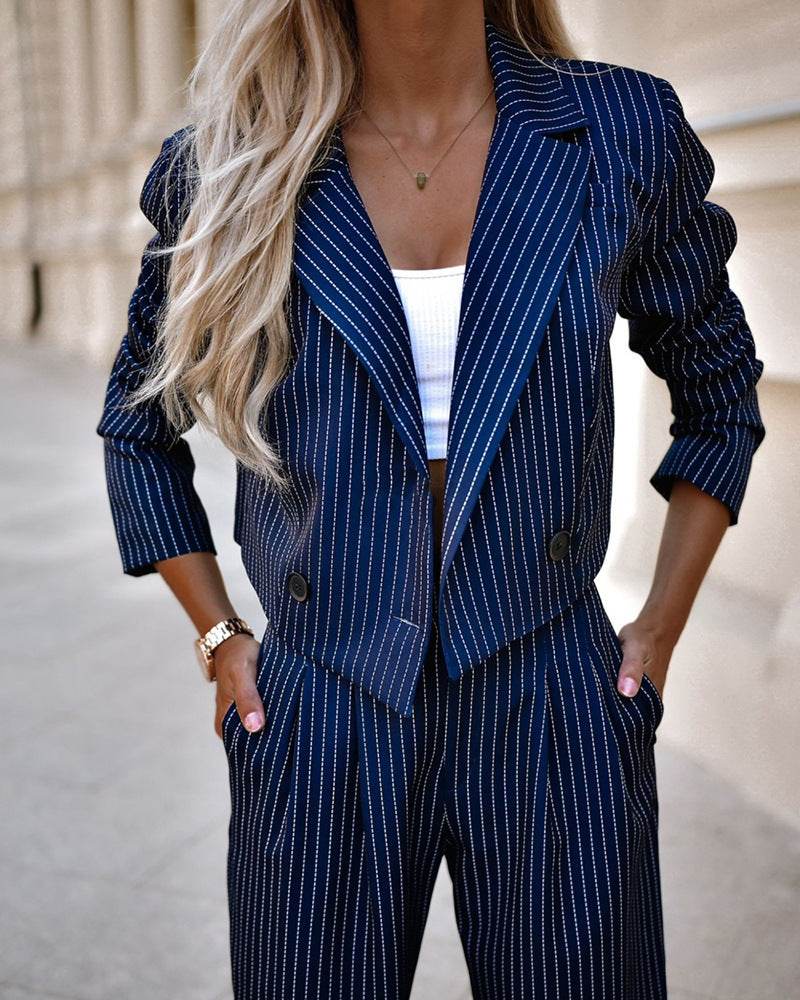 Fashion Striped Suits Casual Lapel Long Sleeve Cropped Top And Straight Pants Outfits Women's Clothing - Velora