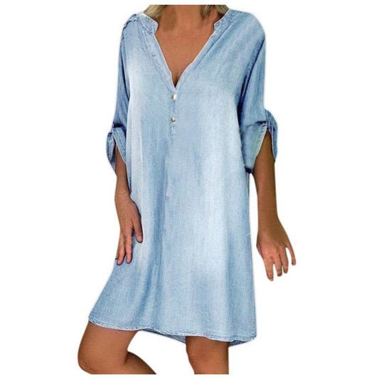 Casual Half Button Mid-sleeve loose Washed denim dress - Velora