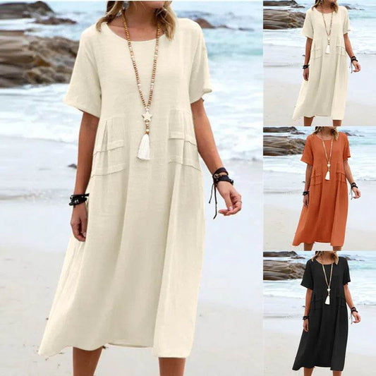 Women's Summer Loose Casual Midi Dress Breathable Cotton Linen Short-sleeve Mid-length Dresses Women Simple Beach Dress - Velora