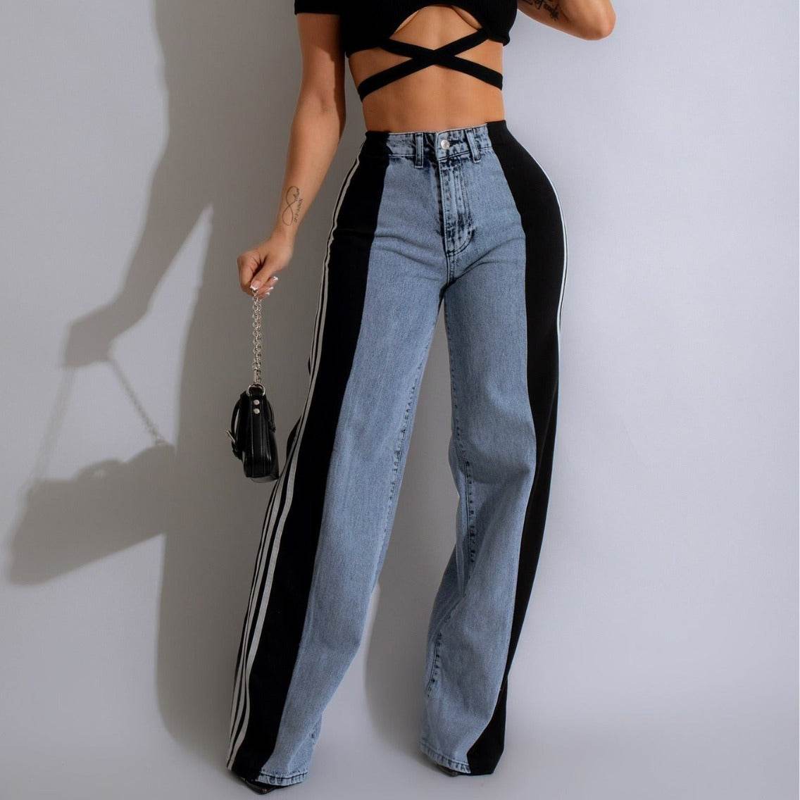 2024 Fashion Casual High Waist Elastic Straight Leg Trousers Three Stripe Patchwork Denim Wide Leg Pants Streetwear - Velora