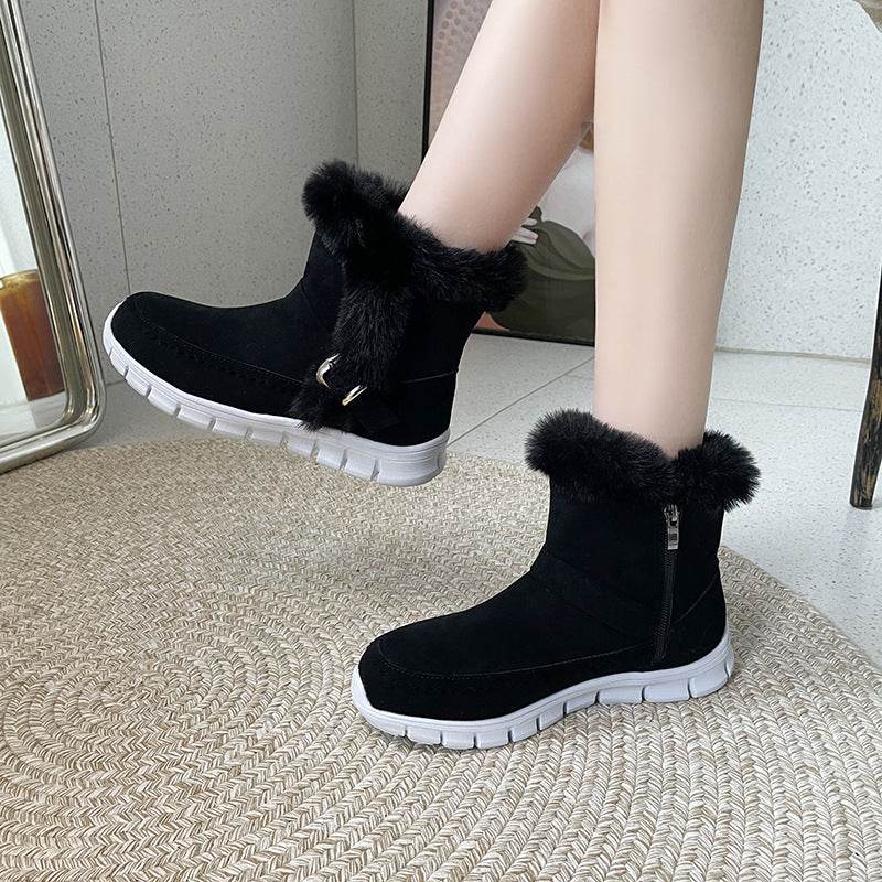 New Snow Boots Winter Warm Thickened Solid Color Plush Ankle Boots With Buckle Design Plus Velvet Flat Shoes For Women - Velora