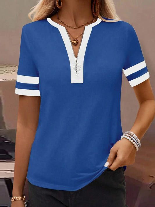 Striped Short Sleeve Half Zip Top - Velora