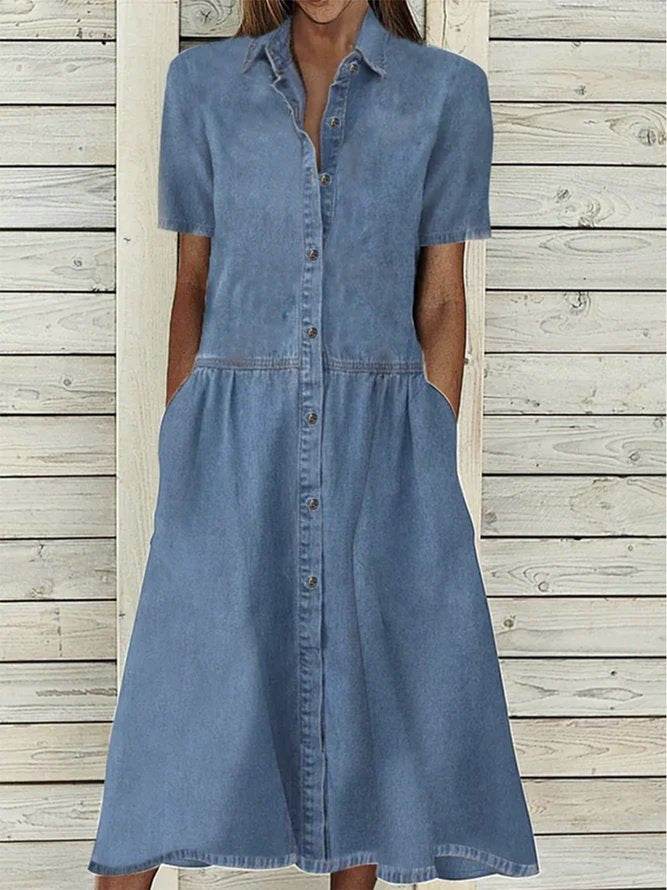 Women's European And American Lapel Casual loose button down Midi Denim jeans Mum Dress - Velora