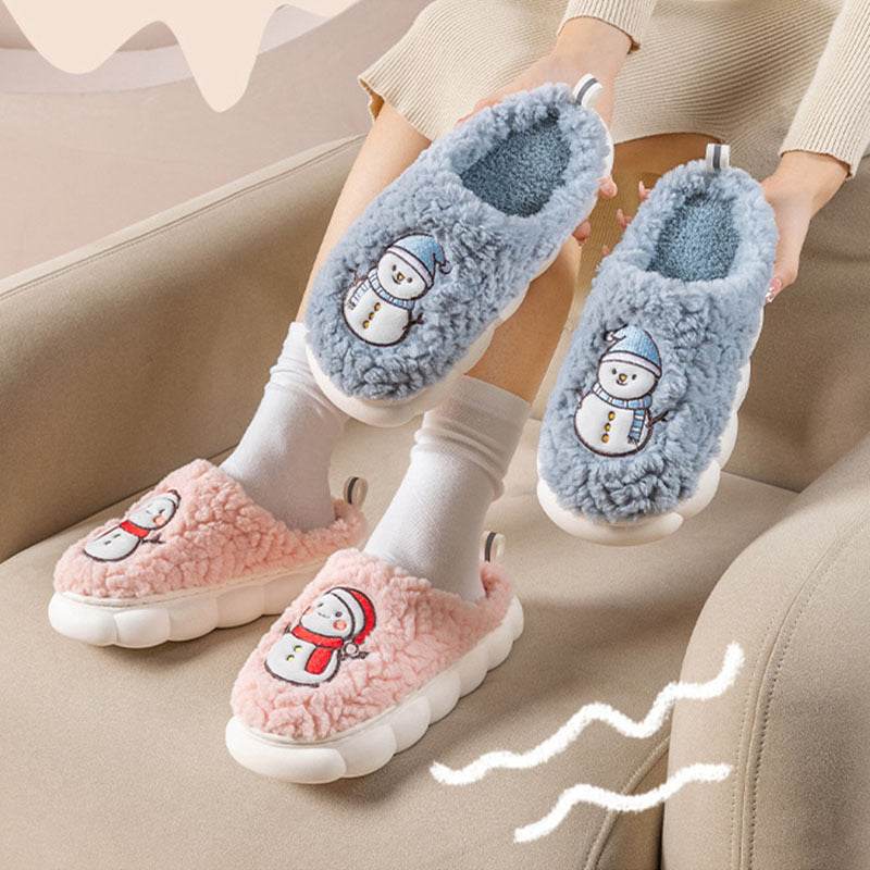 Cute Snowman Slippers Winter Indoor Household Warm Plush Thick-Soled Anti-slip Couple Home Slipper Soft Floor Bedroom House Shoes - Velora