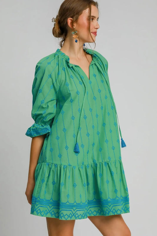 Umgee Full Size Tassel Embroidered Flounce Sleeve Mini Dress Plus Size - Velora