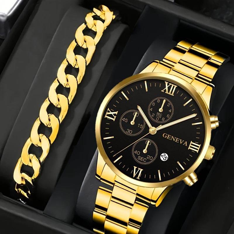 2pcs Men's New Popular Steel Strip Fashion Business Three Eye Quartz Watch Bracelet Set Valentine's Day Gifts - Velora