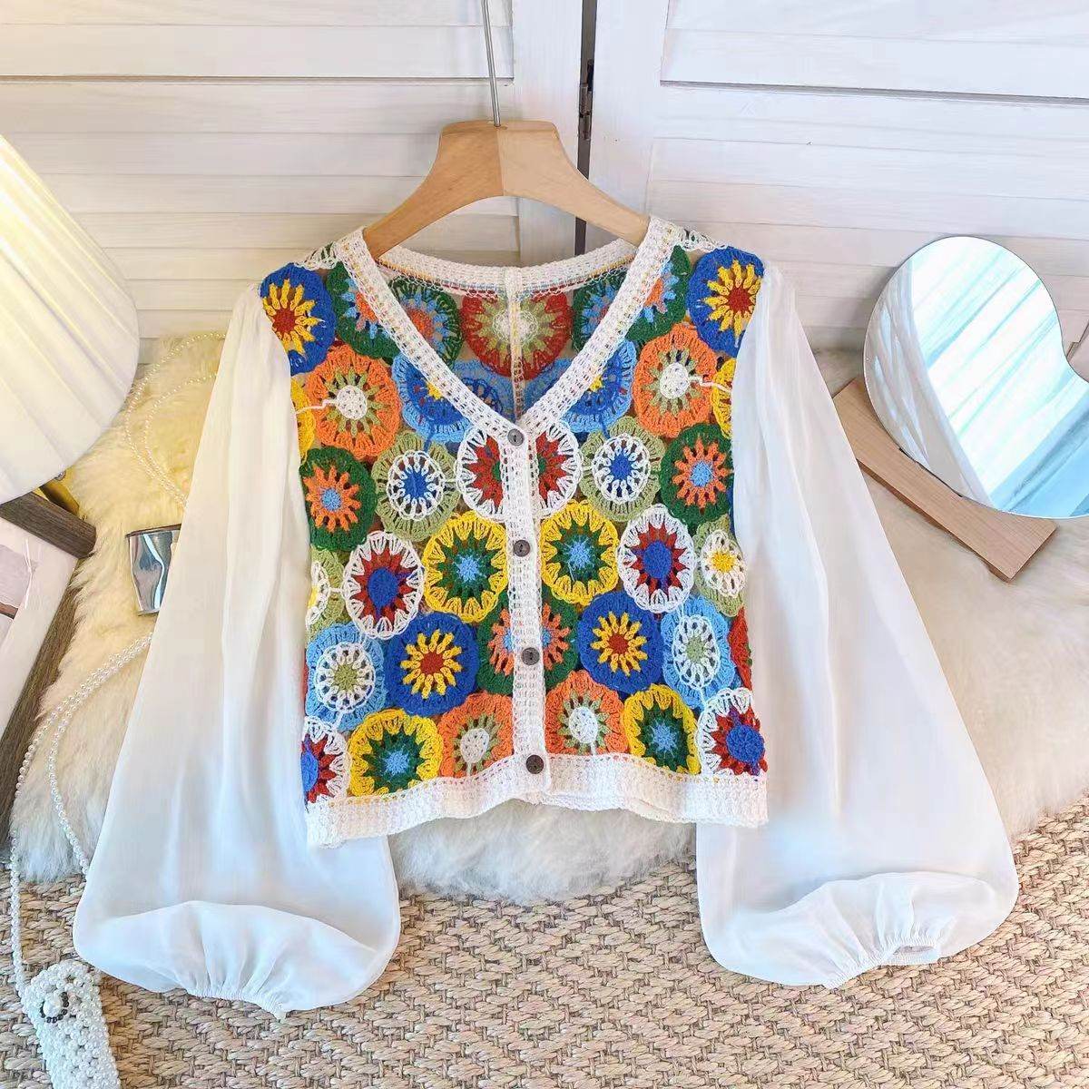 Summer Vacation Style Crocheted Hollow Design Knitted Chiffon Patchwork Long Sleeve Retro Slimming V-neck blouse top For Women - Velora