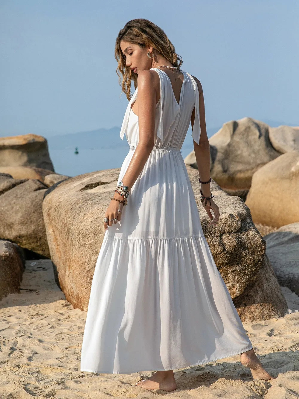 V-Neck Tie Shoulder Crochet Maxi Dress - Velora