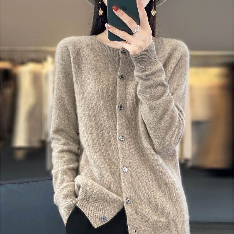 Fashion Merino Wool Cardigan Sweater Women O-Neck Long-sleeve Cashmere Knitwear Spring Autumn Female Clothing Tops - Velora