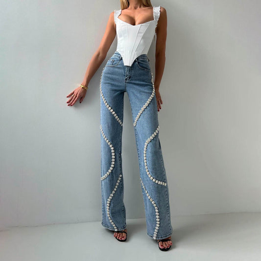 Loose Straight Leg Jeans And Fashionable Casual Pants With A Rhine Stone Denim Design Around Them Suitable For Women - Velora