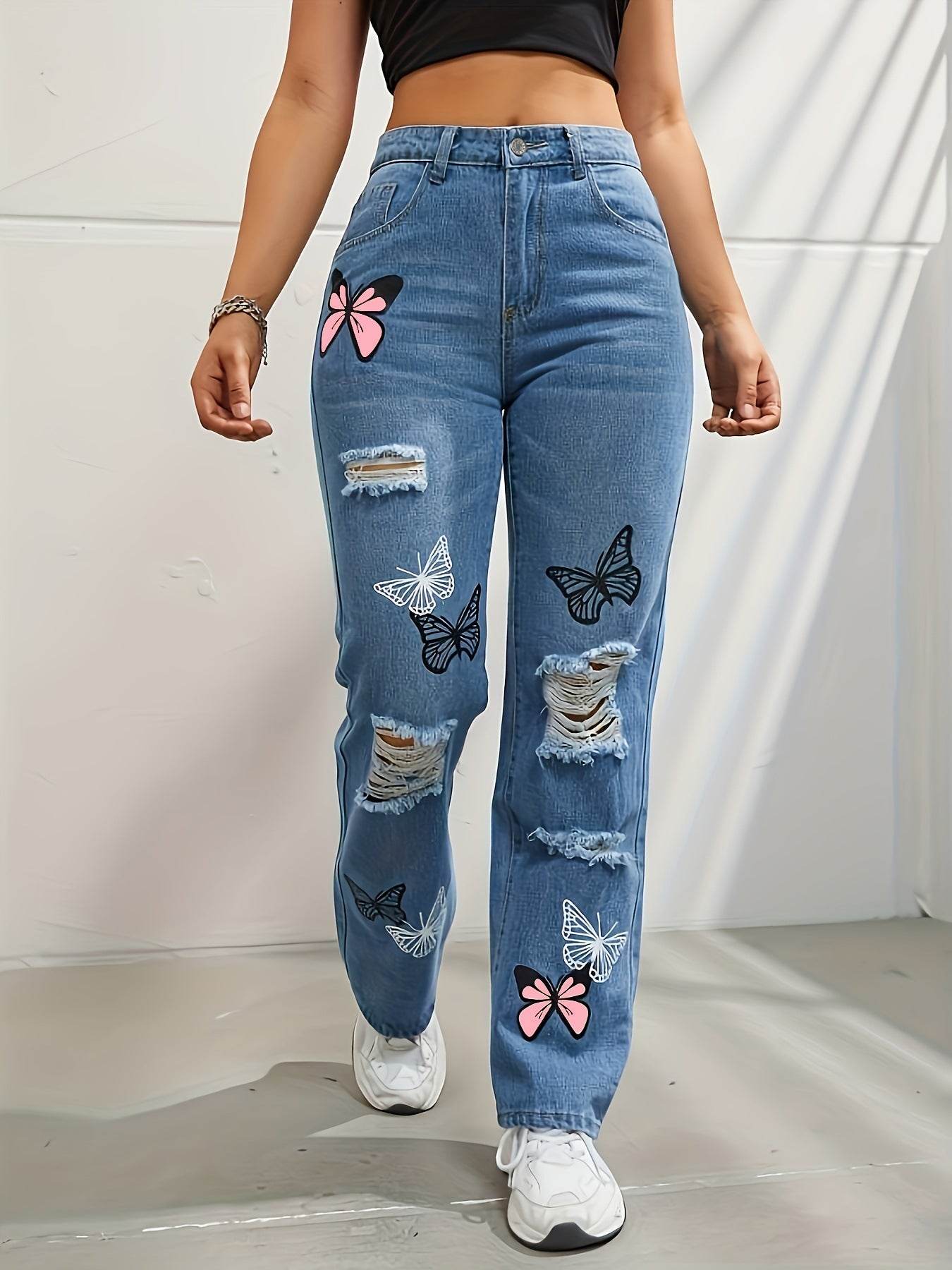 High Waisted Straight Leg Jeans For Women Trendy Butterfly Print Ripped Distressed Denim Pants - Velora