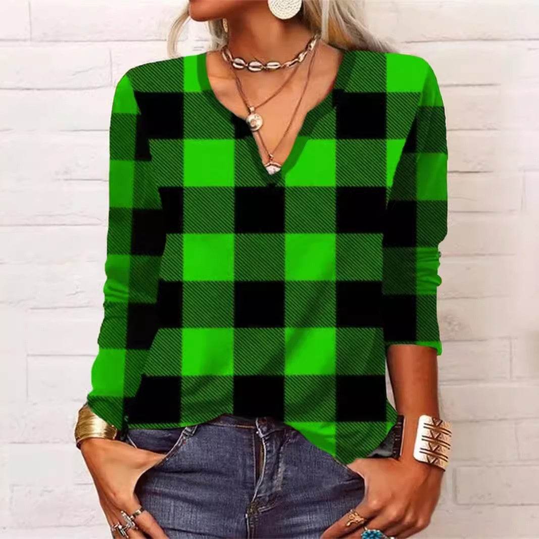 Plaid & Printed Top V-neck Loose Long Sleeve Shirt For Women - Velora