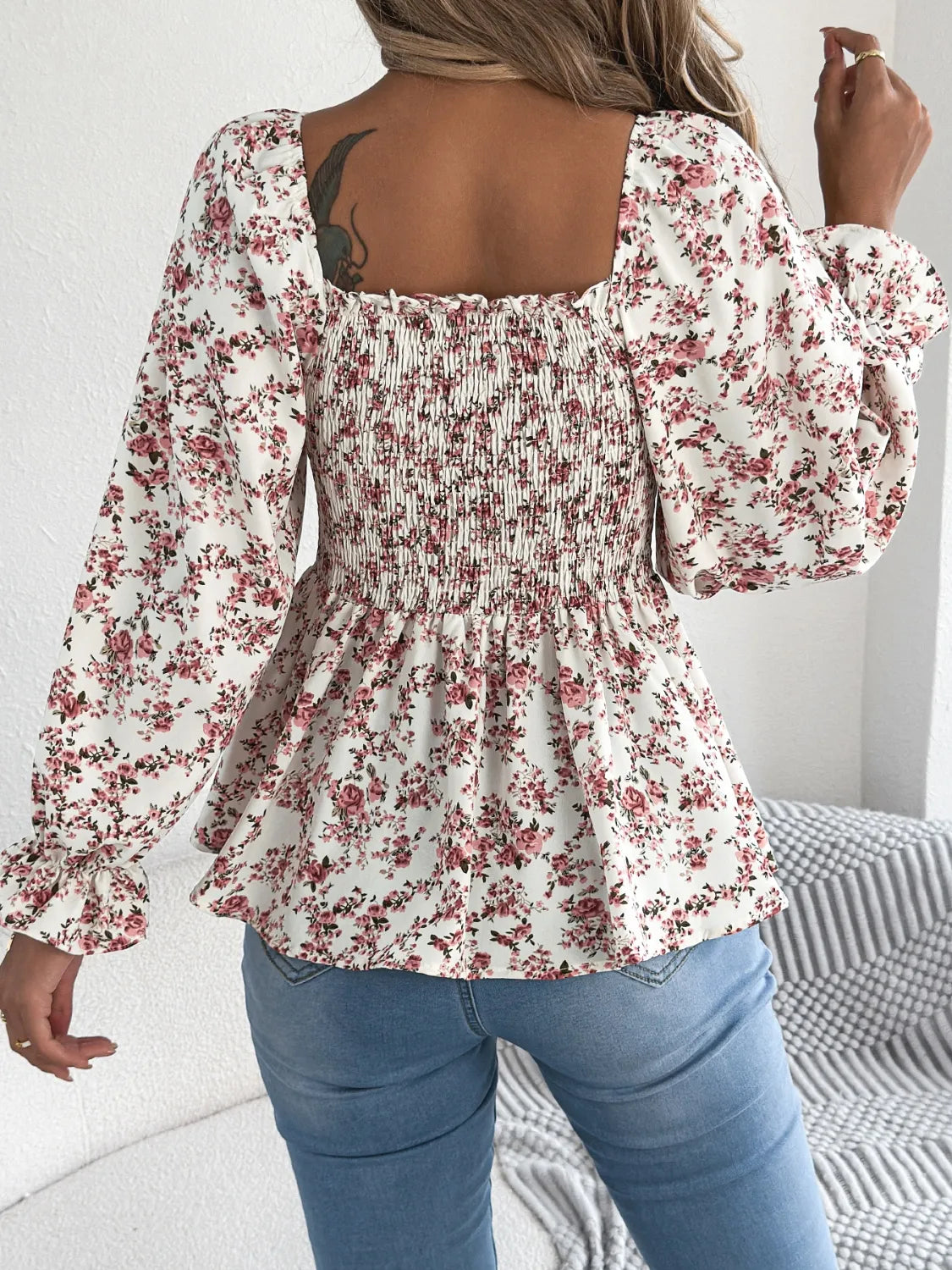 Floral Square Neck Flounce Sleeve Blouse - Velora