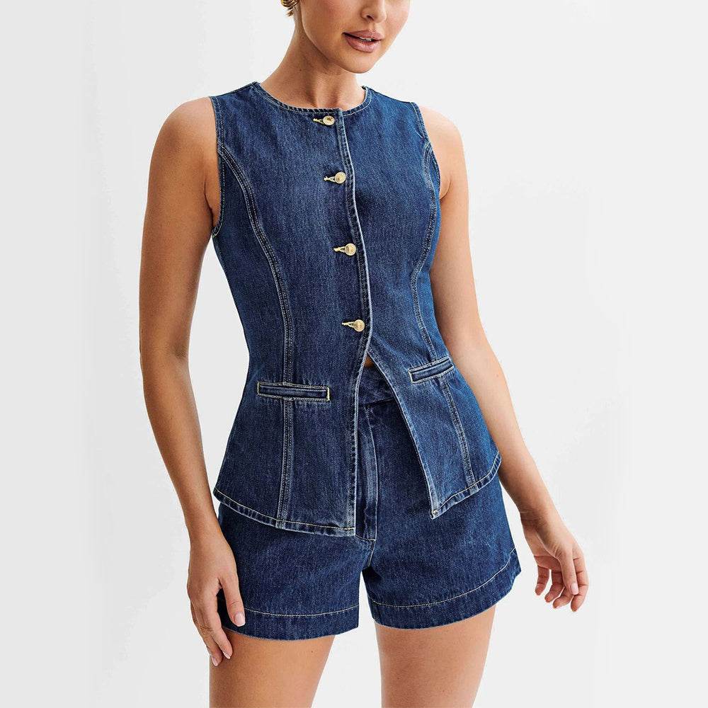 Fashion Denim Suit Summer Casual Sleeveless Button Vest Top And High Waist Shorts Set For Womens Clothing - Velora