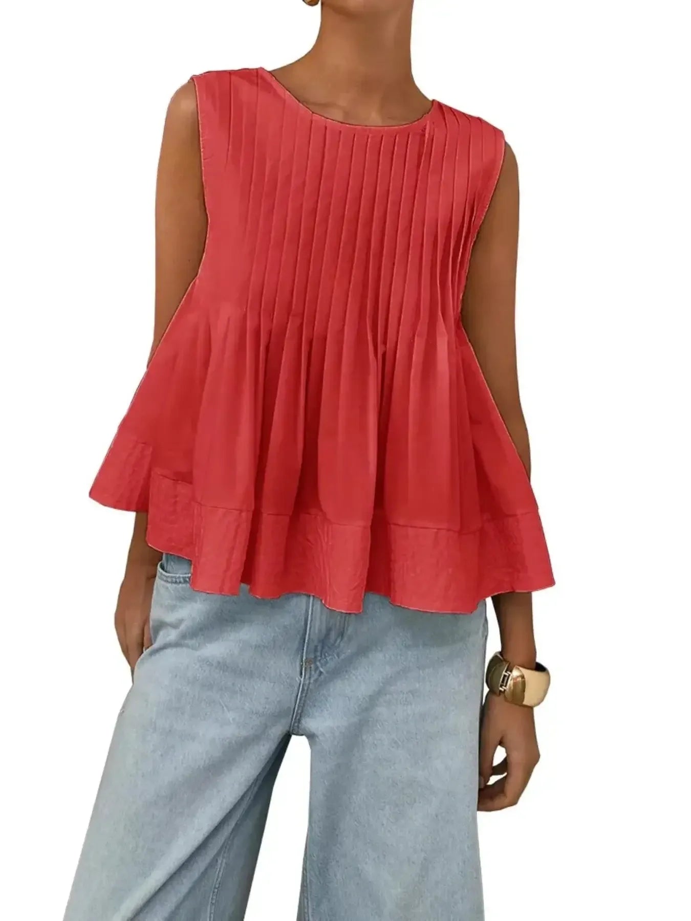 Pleated Peplum Round Neck Sleeveless Top - Velora