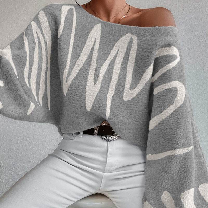 New Lantern-sleeved Pullover Sweater Fashion Line Printed Loose Tops Women's Clothing - Velora