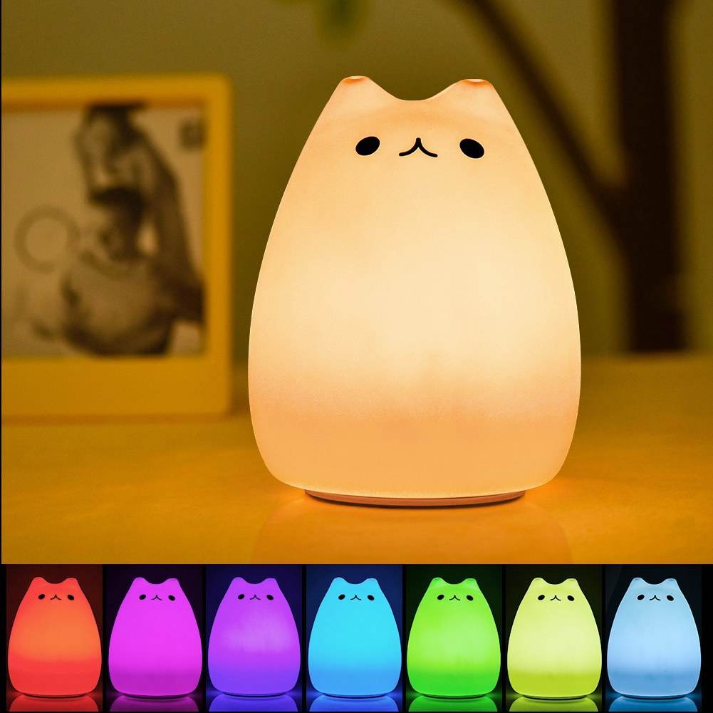 Children Night Light, EECOO Cute Cat Lamp Soft Silicone Sensitive Tap Control Decompression Toy - Velora