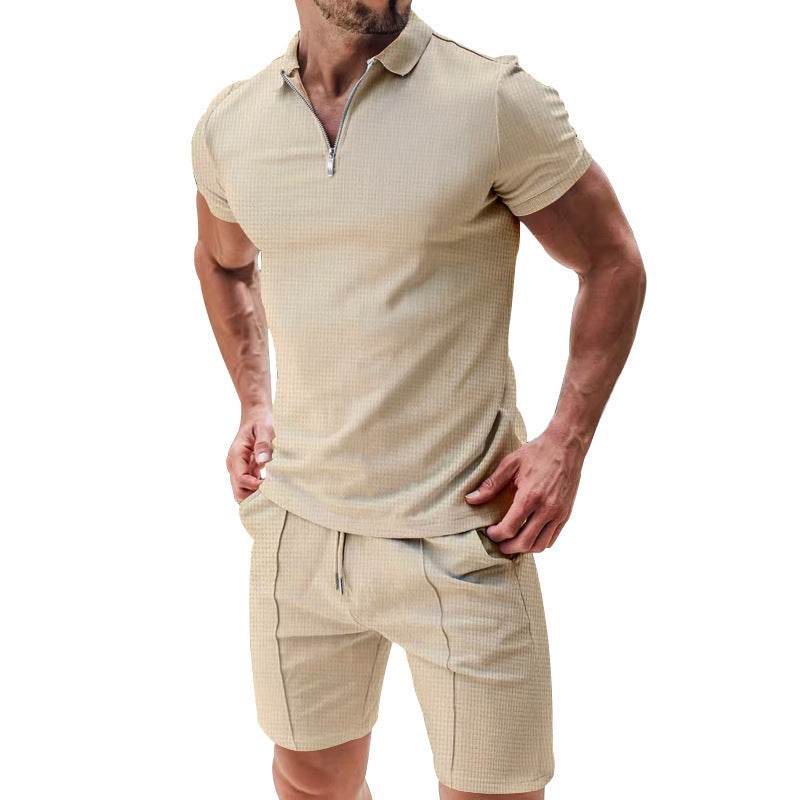 2Pcs Casual Waffle Suit Summer Zipper Lapel Short-sleeved Top And Drawstring Pockets Shorts Versatile Solid Color T-shirt Set For Mens Clothing - Velora