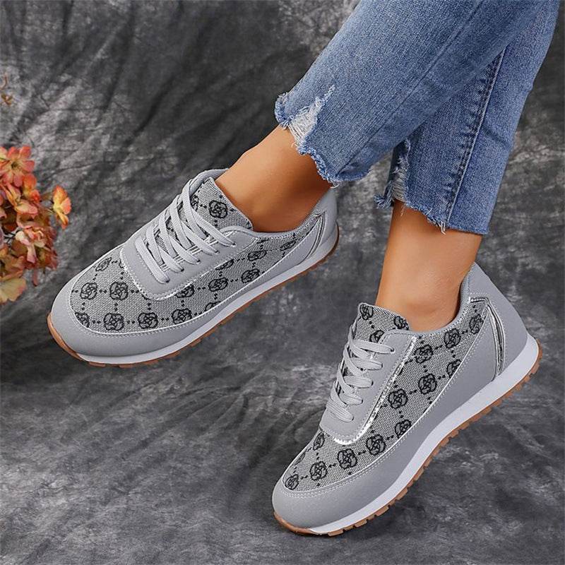 Flower Print Lace-up Sneakers Casual Fashion Lightweight Breathable Walking Running Sports Shoes Women Flats - Velora