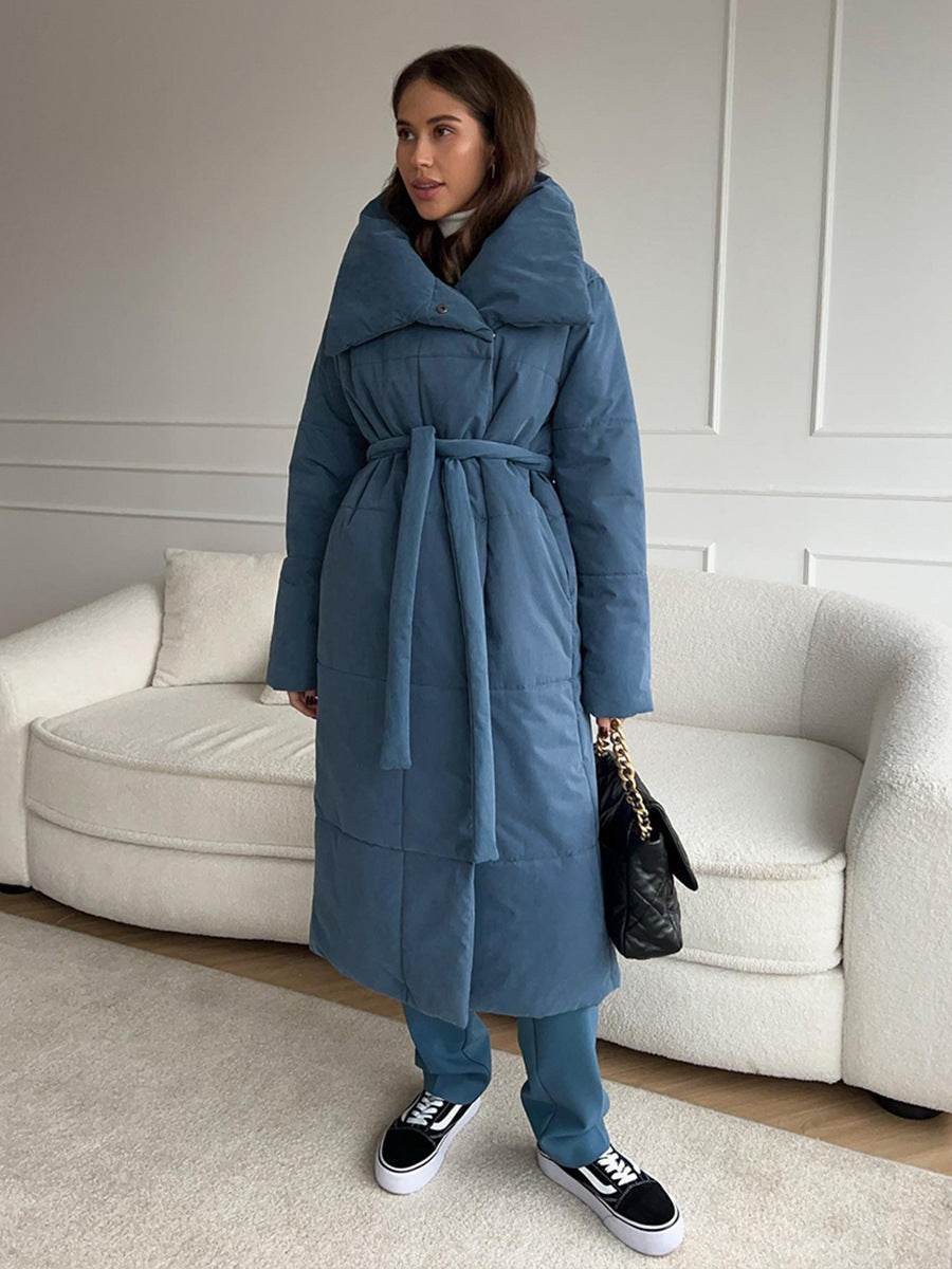 Fashion Large Lapel Long Coat Winter Warm Cotton Jacket With Pockets And Lace-up Design Casual Solid Color Thick Coat For Women Outwear Clothing - Velora