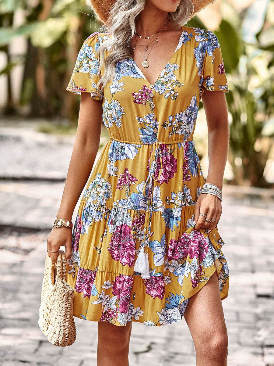 Women Casual floral summer dress Printed V-neck short sleeve Mini Dress - Velora